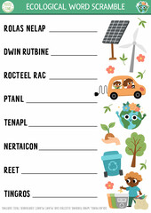 Vector ecological word scramble activity page. English language game with traditional eco symbols for kids. Eco awareness quiz. Environment friendly educational printable worksheet.