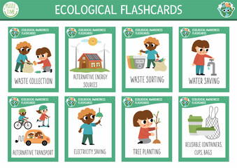 Vector flash cards set with kids caring of environment. Ecological English language game. Eco awareness flashcards for children. Simple educational printable worksheet..