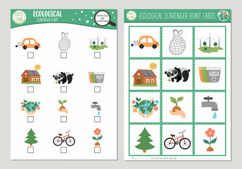 Vector ecological scavenger hunt cards set. Seek and find game with cute eco awareness symbols for kids. Earth day searching activity. Simple educational printable worksheet. - obrazy, fototapety, plakaty