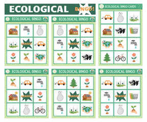 Vector ecological bingo cards set. Fun family lotto board game with cute eco awareness symbols for kids. Earth day lottery activity. Simple educational printable worksheet..