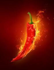 Chilli peppers with fire, spicy chili. Fresh red chilli pepper in fire as a symbol of burning...
