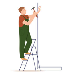 Worker stands on a ladder and hammers a nail. Vector illustration flat design. Home Renovation. Man in uniform. Male Construction Worker