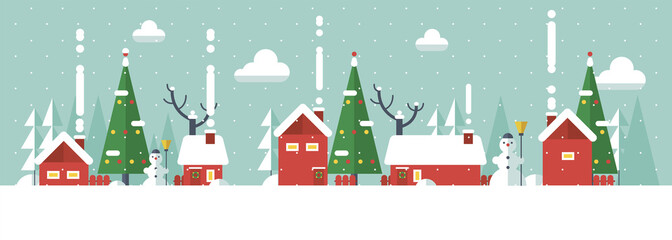 Cute Christmas houses, city buildings. Cosy town panorama with  home exteriors. Urban street with chimneys, smoke. Flat vector illustration isolated on white background.