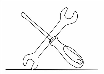 Single continuous line of screwdriver and wrench. Computer service technology support design element one sketch outline drawing vector illustration