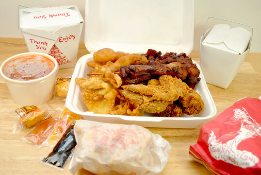 Close-up of Pupu Platter as Part of a Take-Out Order of a Various Chinese Food