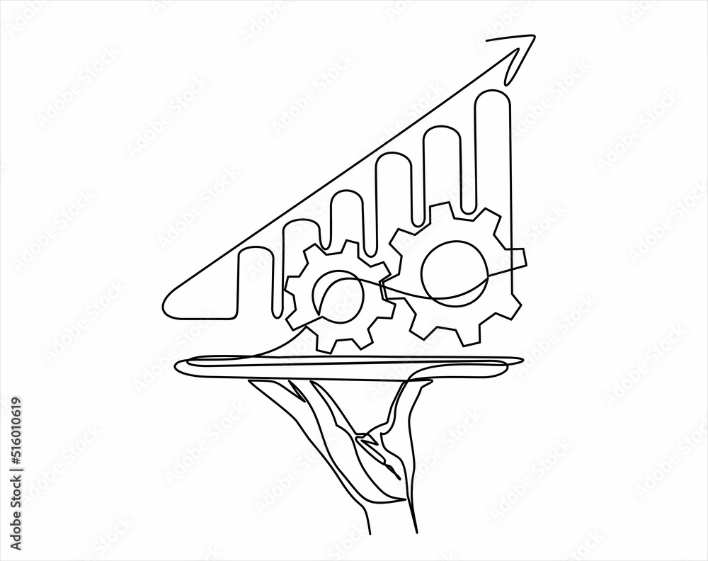 Poster continuous line vector illustration of hand holding dish with graph going up with an arrow on white 