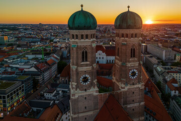 Wonderful Sunset Behind the Frauenkirche Towers in Munich, Germany