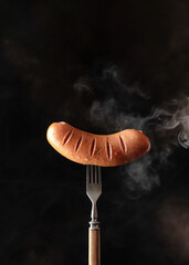 Single tasty roasted grilled sausage with fried stripes on rustic fork against dark black background with vapor. Copy space