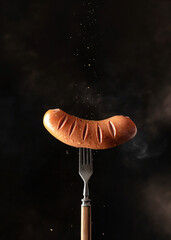 Single tasty roasted grilled sausage with spices sprinkled on rustic fork against dark black background with vapor. Copy space