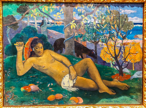 Painting Painting "Ne Arii Vahine" (The Queen, the King`s wife) by Paul Gauguin.  Exhibition "The Birth of Modern Art: Sergey Shchukin's choice" in  the State Hermitage museum. St. Petersburg, Russia