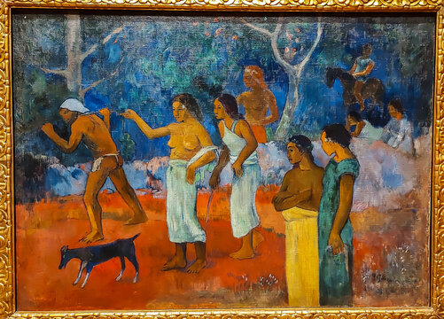Painting  "Scene from Tahitian Life " by Paul Gauguin. Exhibition "The Birth of Modern Art: Sergey Shchukin's choice" in  the State Hermitage museum. St. Petersburg, Russia