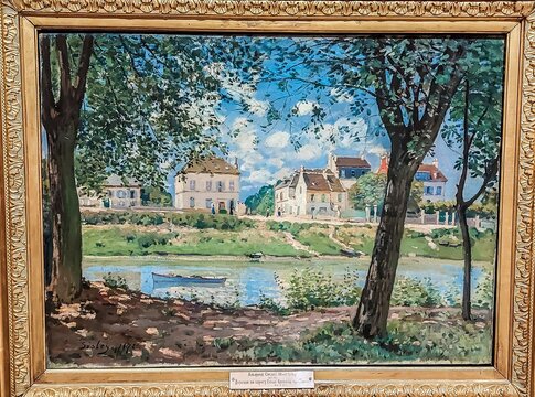 Painting by Alfred Sisley "Villeneuve-la-Garenne".  Exhibition "The Birth of Modern Art: Sergey Shchukin's choice" in  the State Hermitage museum. St. Petersburg, Russia