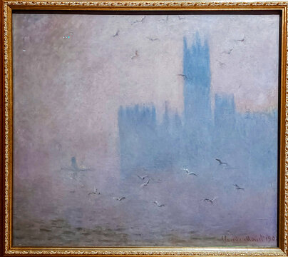 Painting by Claude Monet "Gulls. River Thames in London. The House of Parliament.  Exhibition "The Birth of Modern Art: Sergey Shchukin's choice" in  the State Hermitage museum. St. Petersburg, Russia