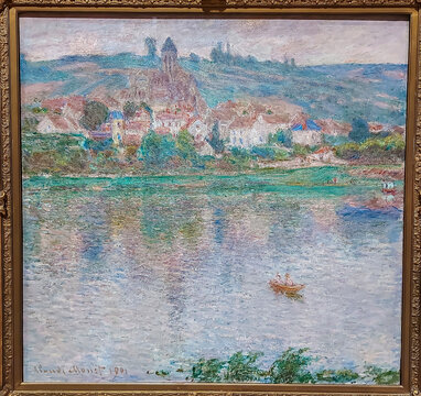  Painting by Claude Monet "The town Vetheuil "The Birth of Modern Art: Sergey Shchukin's choice" in the State Hermitage museum. St. Petersburg, Russia