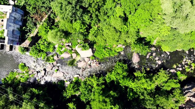 Drone shot Butsky Canyon Ukraine. Aerial view of a rocky canyon on the Gorny Tikich River near the village of Buki. River Gorny Tikich in Proterozoic granites. Ancient deep and narrow canyon 