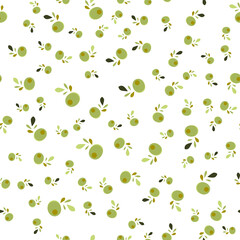 Seamless vector pattern with olives and olive leaves on a white background. Illustration for the label of olive oil, canned olives, olive product packaging. Vegetable texture