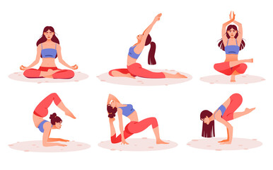 Women practice yoga and meditation. Practice meditation. The concept of Zen and harmony. Mental health.
A girl in different yoga poses. Vector illustration