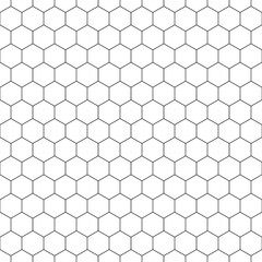 Repeated white polygons on black background. Honeycomb wallpaper. Seamless surface pattern design with regular hexagons. Grill motif. Digital paper for page fills, web designing, textile print. Vector