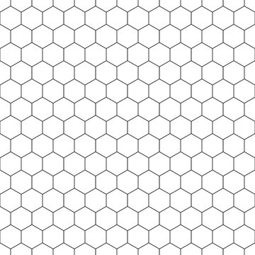 Repeated white polygons on black background. Honeycomb wallpaper. Seamless surface pattern design with regular hexagons. Grill motif. Digital paper for page fills, web designing, textile print. Vector