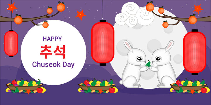 Greeting card Chuseok Korean national holiday, rabbits, flat style design vector illustration.