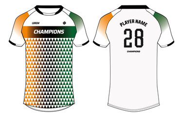 Sports jersey t shirt design flat sketch vector illustration, Abstract pattern Raglan Round neck tees football jersey concept with front and back view for Cricket, soccer, Volleyball, Rugby jersey kit