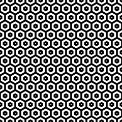 Repeated black figures on white background. Honeycomb wallpaper. Seamless surface pattern design with regular hexagons. Polygons motif. Digital paper for page fills, web designing, textile print.