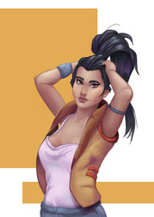 Cool girl tying her hair in a ponytail