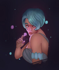 Girl playing with fireflies in the dark