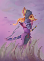 Samurai girl walking through tall grass