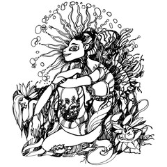 The character is a hand-drawn graphic drawing. Black and white abstraction of lines and strokes. Esotericism and psychology. Associative graphics.