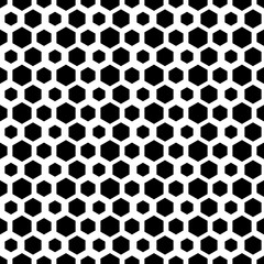 Repeated black figures on white background. Stylized honeycomb wallpaper. Seamless surface pattern design with hexagons. Mosaic motif. Digital paper for page fills, web designing, textile print.