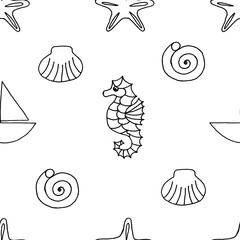 Seamless pattern with starfish, sea shell, yacht and sea horse drawn with black marker on white paper. Summer background with starfish, seashell, vessel and sea horse. Vacation concept.