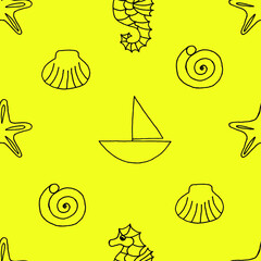 Seamless pattern with starfish, sea shell, yacht and sea horse drawn with black marker on yellow paper. Summer background with starfish, seashell, vessel and sea horse. Vacation concept.