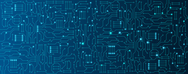 Blue circuit electronic or electrical line with circle engineering technology concept vector background