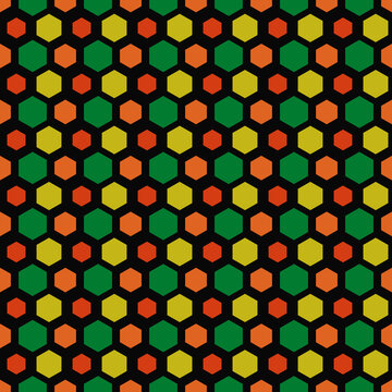 Repeated color figures on black background. Stylized honeycomb wallpaper. Seamless surface pattern design with hexagons. Mosaic motif. Digital paper for page fills, web designing, textile print.