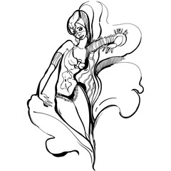 A dancer, a hand hatching character. Black and white abstraction of lines and strokes. Esotericism and psychology. Associative graphics.