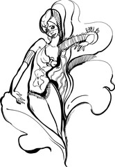 A dancer, a hand hatching character. Black and white abstraction of lines and strokes. Esotericism and psychology. Associative graphics.