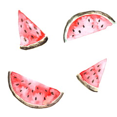 Seamless pattern of painted watercolor elements. Pieces of ripe red watermelon isolated on a white background.