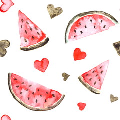 Seamless pattern of painted watercolor elements. Pieces of ripe red watermelon, green and red hearts isolated on a white background.