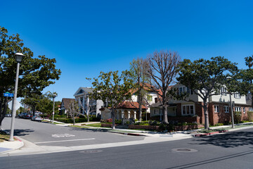 Fototapeta na wymiar Crossroad in residential street with suburban houses and trees on sunny sky