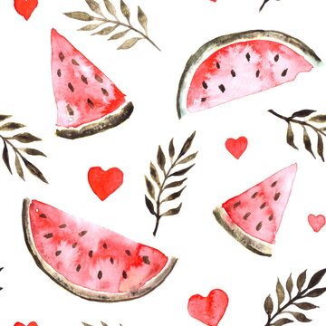 Seamless pattern of painted watercolor elements. Pieces of ripe red watermelon, green palm leaves and red hearts isolated on a white background.