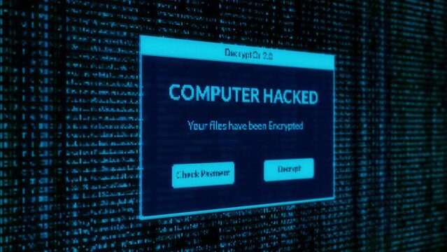 computer hacked and check payment  for decrypt system files concept with binary code background