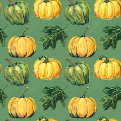 Seamless hand drawn pattern of ripe yellow pumpkins and green leaves on a warm green background. Design for wallpaper or textile of harvest festival or halloween party.