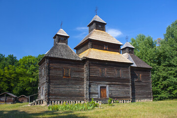 Old wooden church in Pirogovo (Church of the Resurrection from Poltava), Ukraine	
