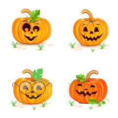 Halloween set of funny pumpkins in cartoon style on a white background. Vector illustration to decorate a flyer, poster, invitation or social media ad for Halloween.