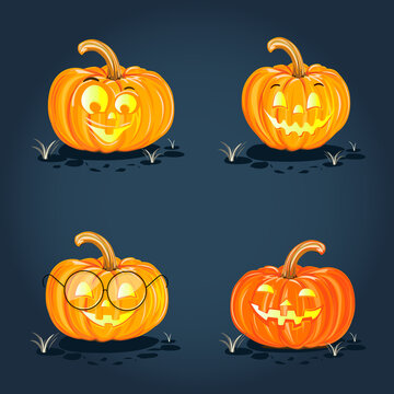 Halloween set of cheerful pumpkins with glowing eyes in cartoon style on a dark background. Vector illustration to decorate a flyer, poster, invitation or social media ad for Halloween.