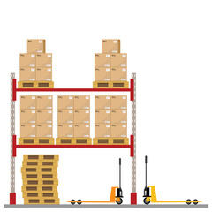 Metal racks for a warehouse with boxes on pallets. Flat design, front view. jpeg image illustration.Boxes on wooded pallet jpg  illustration, flat style warehouse cardboard parcel boxes stack front vi