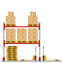 Metal racks for a warehouse with boxes on pallets. Flat design, front view. Vector illustration.
 Boxes on wooded pallet illustration, flat style warehouse cardboard parcel boxes stack front view 