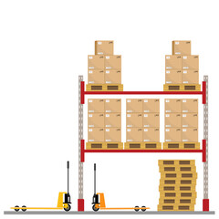 Metal racks for a warehouse with boxes on pallets. Flat design, front view. jpeg image illustration.Boxes on wooded pallet jpg  illustration, flat style warehouse cardboard parcel boxes stack front 