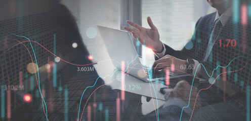 Two businessman, professional traders have a discussion about technical price graph and indicator,  candlestick forex chart and stock trading, financial report at office